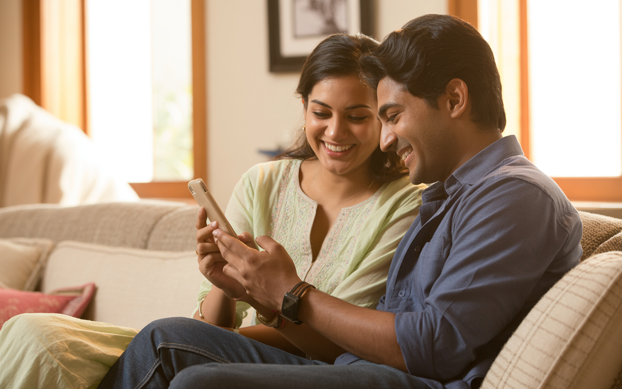 Young Indian couple sitting together on a couch smiling while looking at a phone