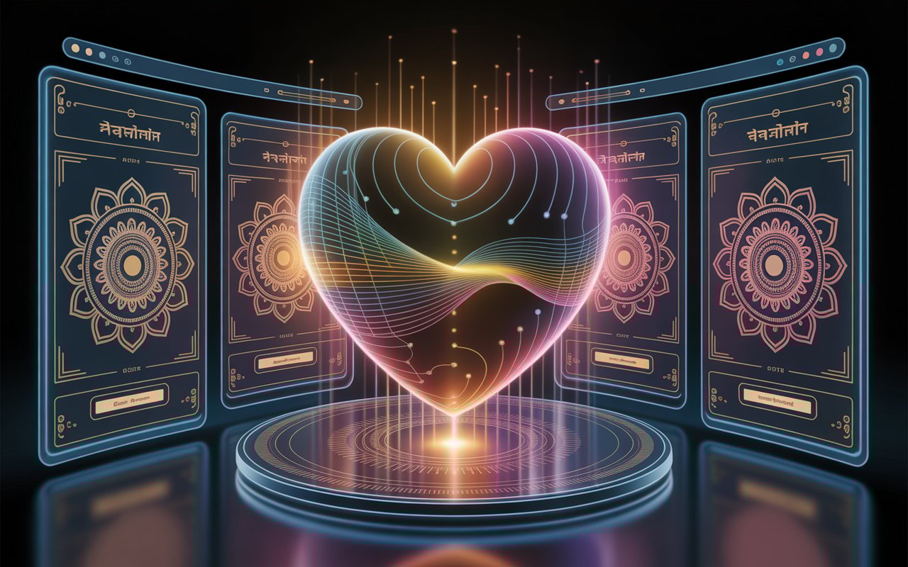 Futuristic Indian AI interface with glowing heart hologram representing emotional AI