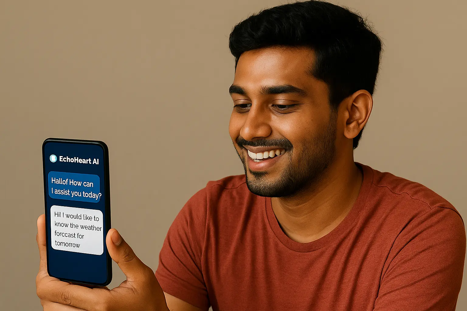 Indian young man smiling while chatting with EchoHeart AI on phone