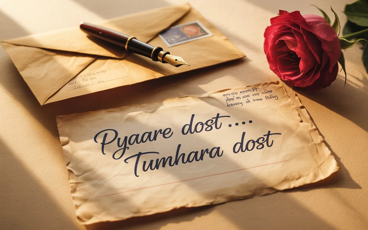Vintage Indian 90s-style handwritten love letter with fountain pen and sepia paper aesthetic