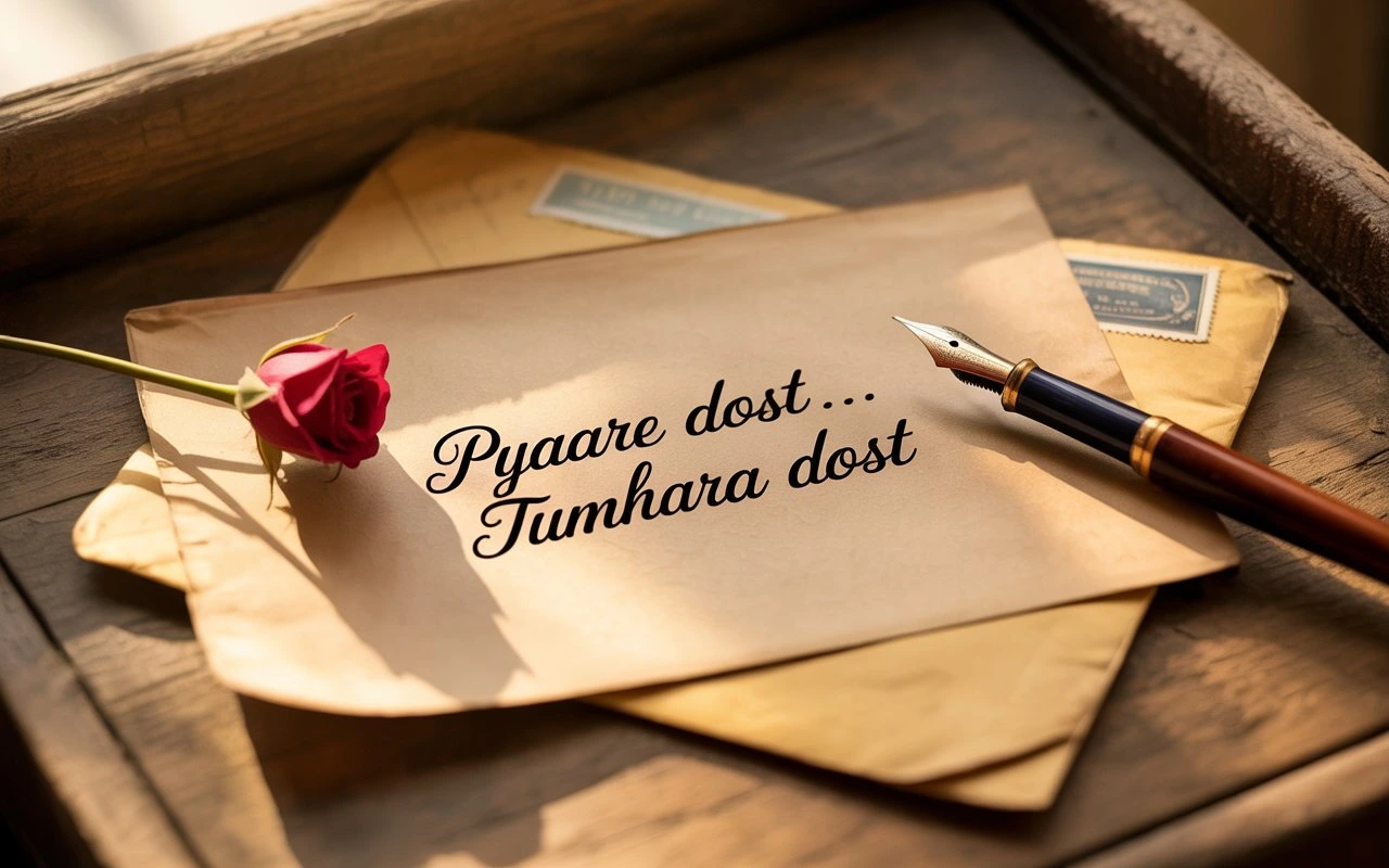 Vintage Indian handwritten letter with ink pen, rose, and nostalgic atmosphere