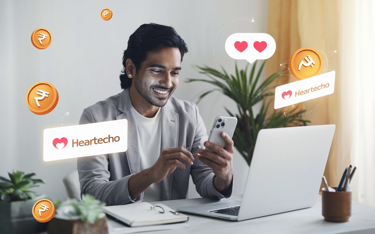 Young Indian influencer using smartphone and laptop promoting HeartEcho referral program