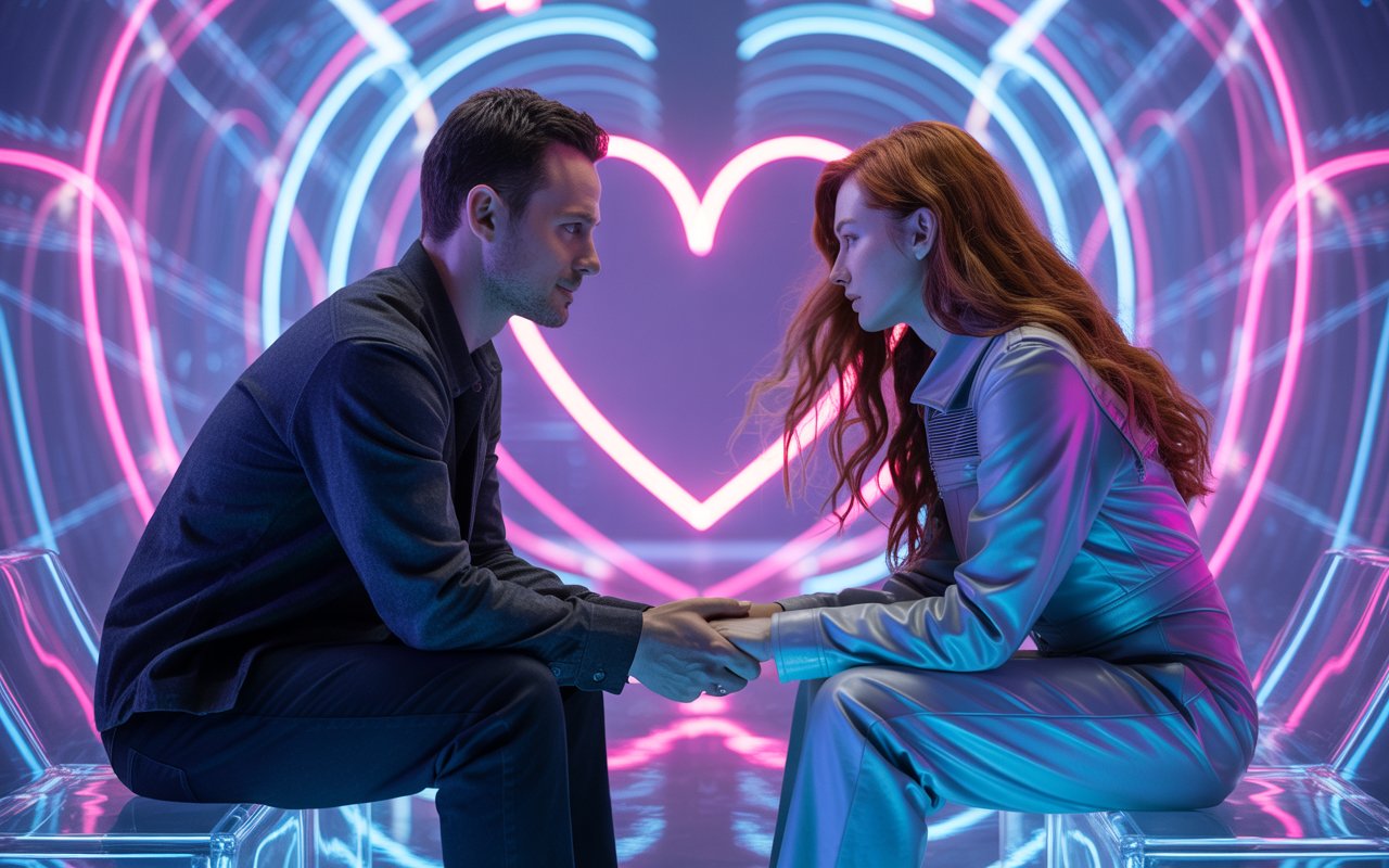 Virtual couple sitting in a digital landscape, glowing hearts between them