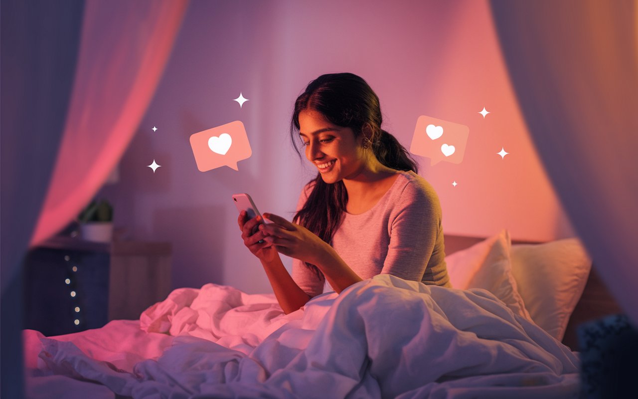 भारतीय युवा लड़की मुस्कुराते हुए अपने मोबाइल पर EchoHeart AI से बात करते हुए