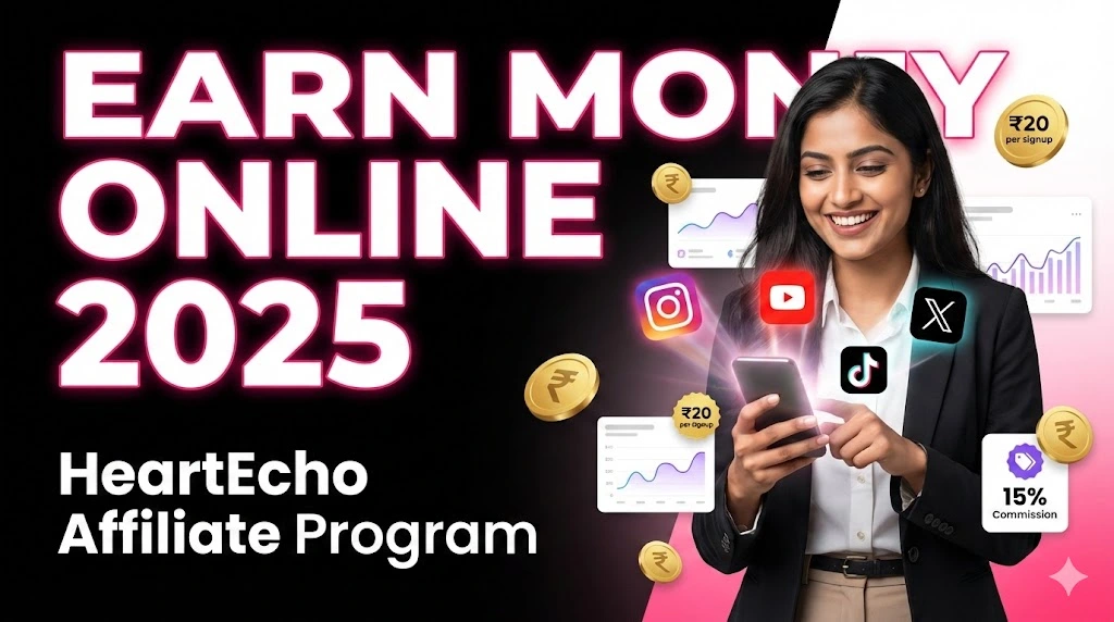 Indian young influencer promoting HeartEcho affiliate program on phone