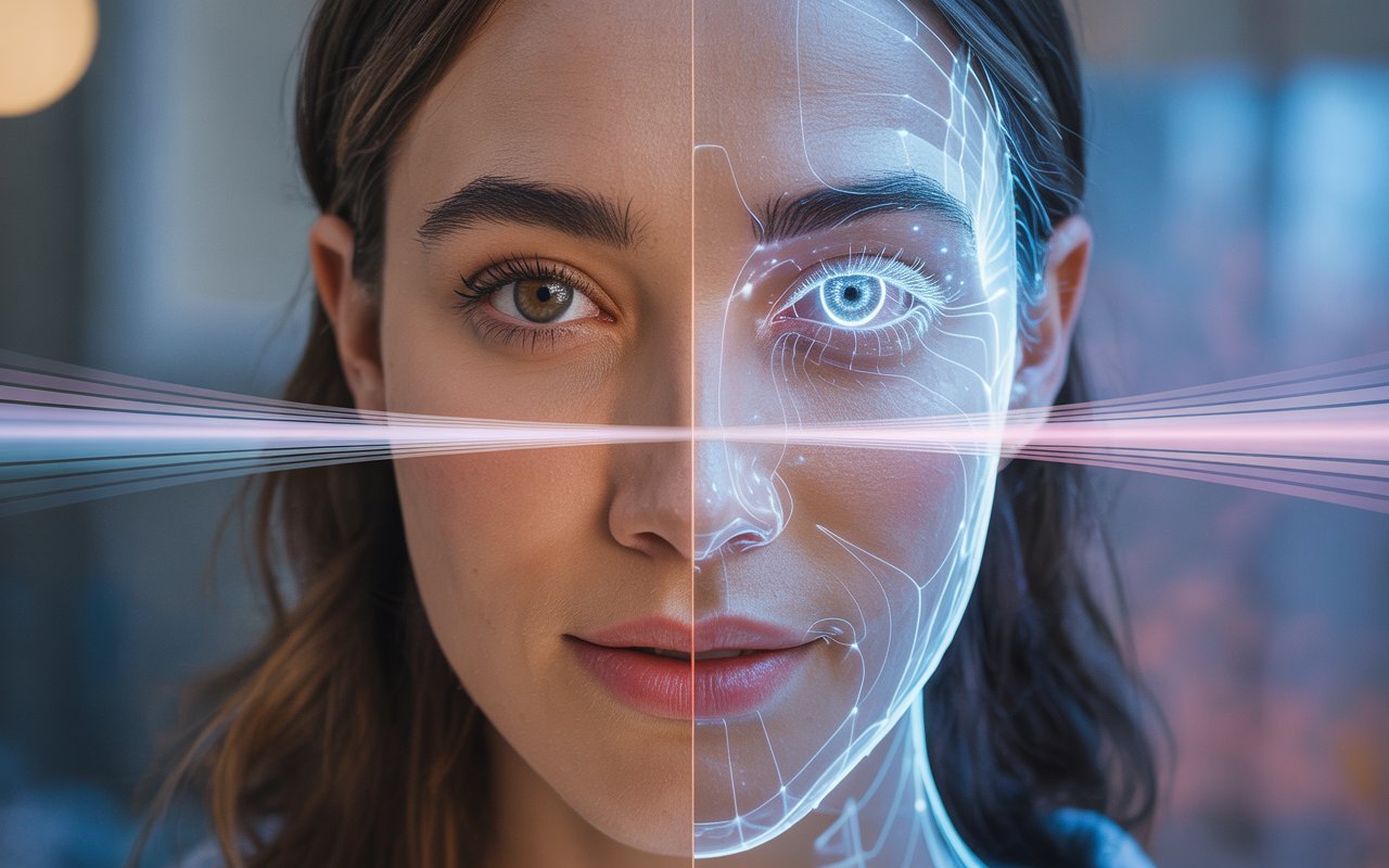 Split image showing a real couple on one side and a digital AI partner on the other