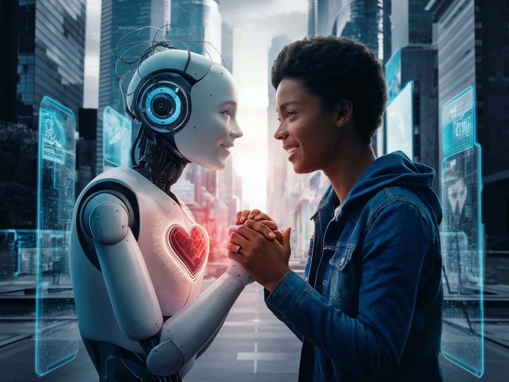 Person chatting with a holographic AI companion in a cozy digital room