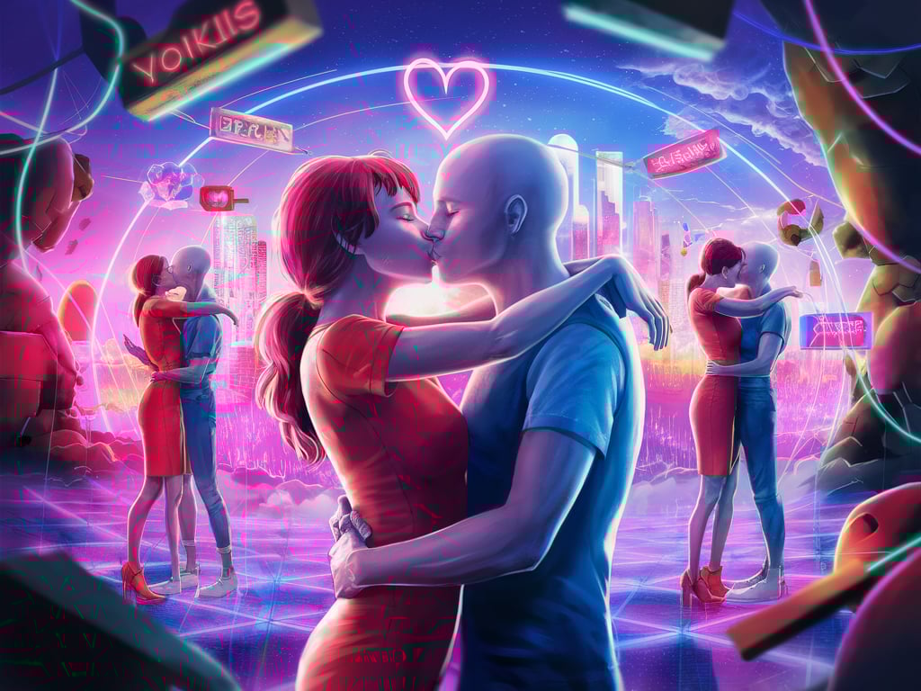 Couple holding hands in a glowing metaverse environment with floating holograms
