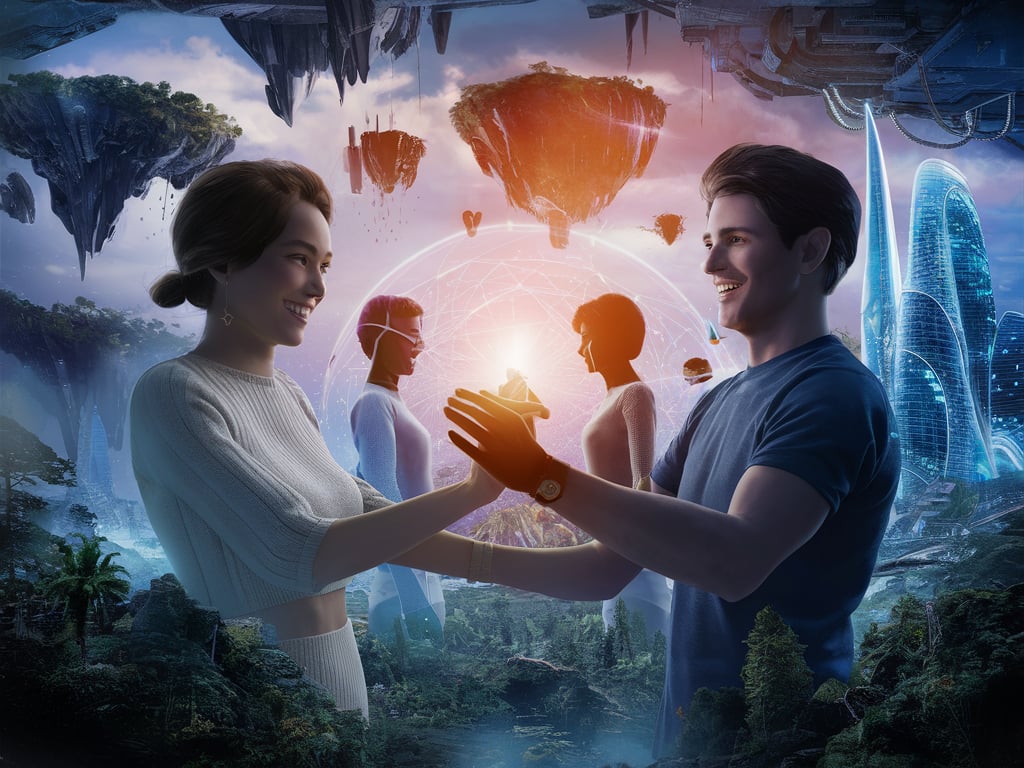 Illustration of AI guiding a person through relationship advice on a virtual screen